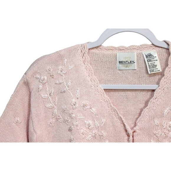 Vintage Cardigan Sweater Size L. Pink Embroidered Beaded Floral Knit - Picture 7 of 13